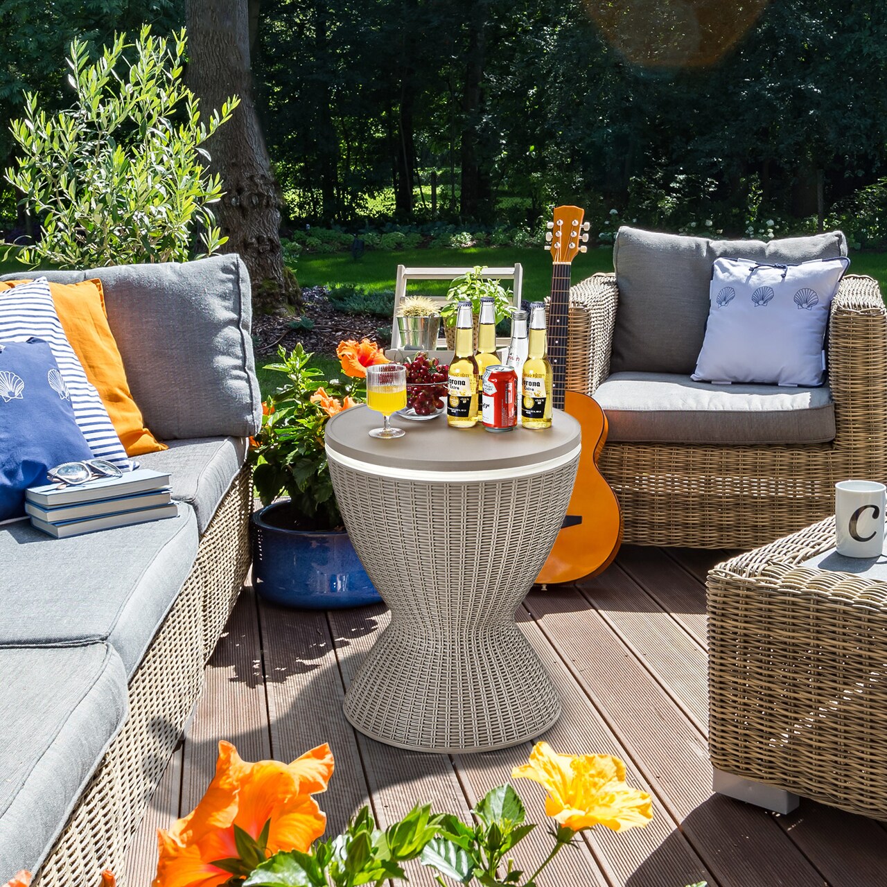 3 in 1 8 Gallon Patio Rattan Cooler Bar Table with Adjust Ice Bucket